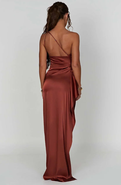 Eliana Off Shoulder Pleated Satin Dress
