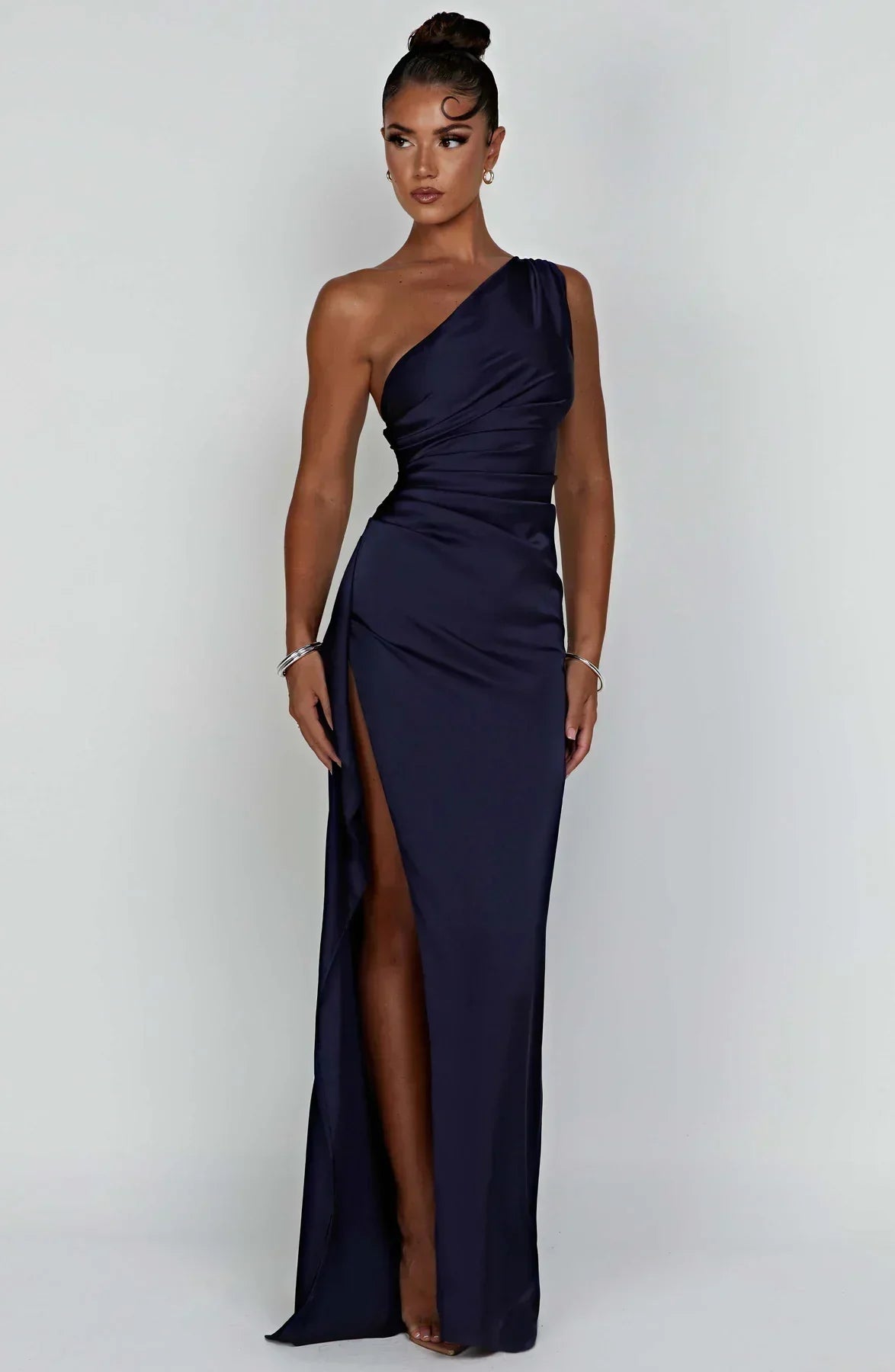 Eliana Off Shoulder Pleated Satin Dress