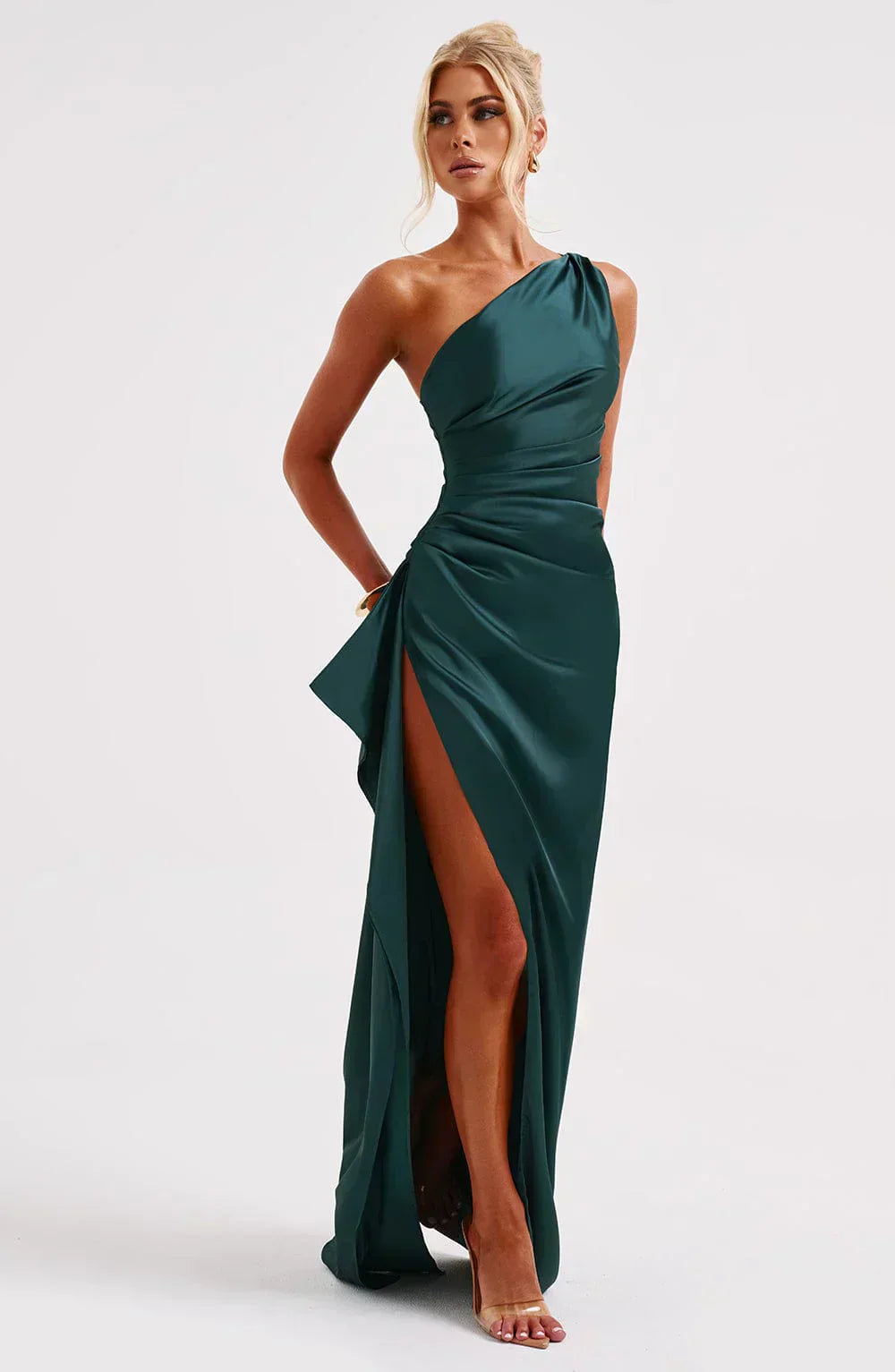 Eliana Off Shoulder Pleated Satin Dress