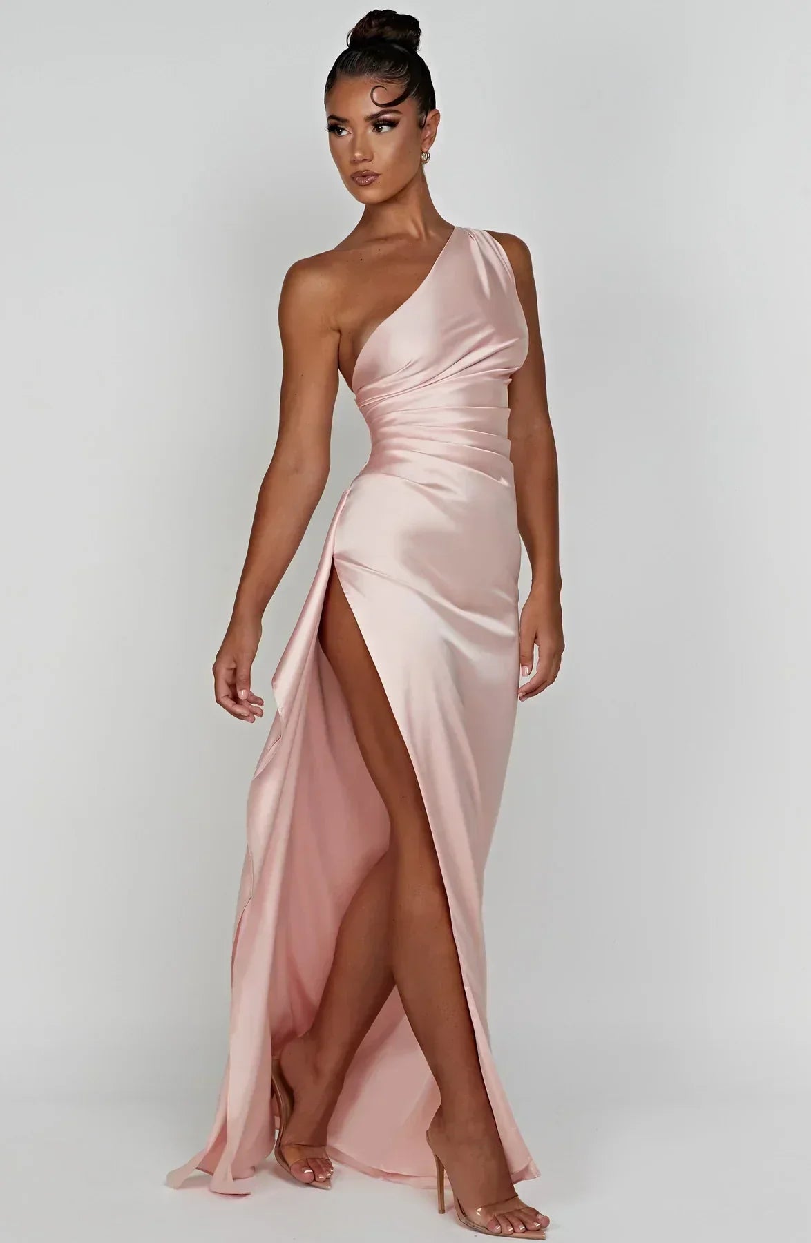 Eliana Off Shoulder Pleated Satin Dress