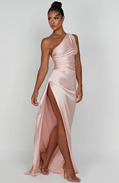 Eliana Off Shoulder Pleated Satin Dress