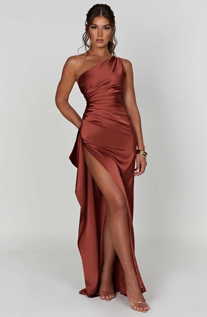 Eliana Off Shoulder Pleated Satin Dress