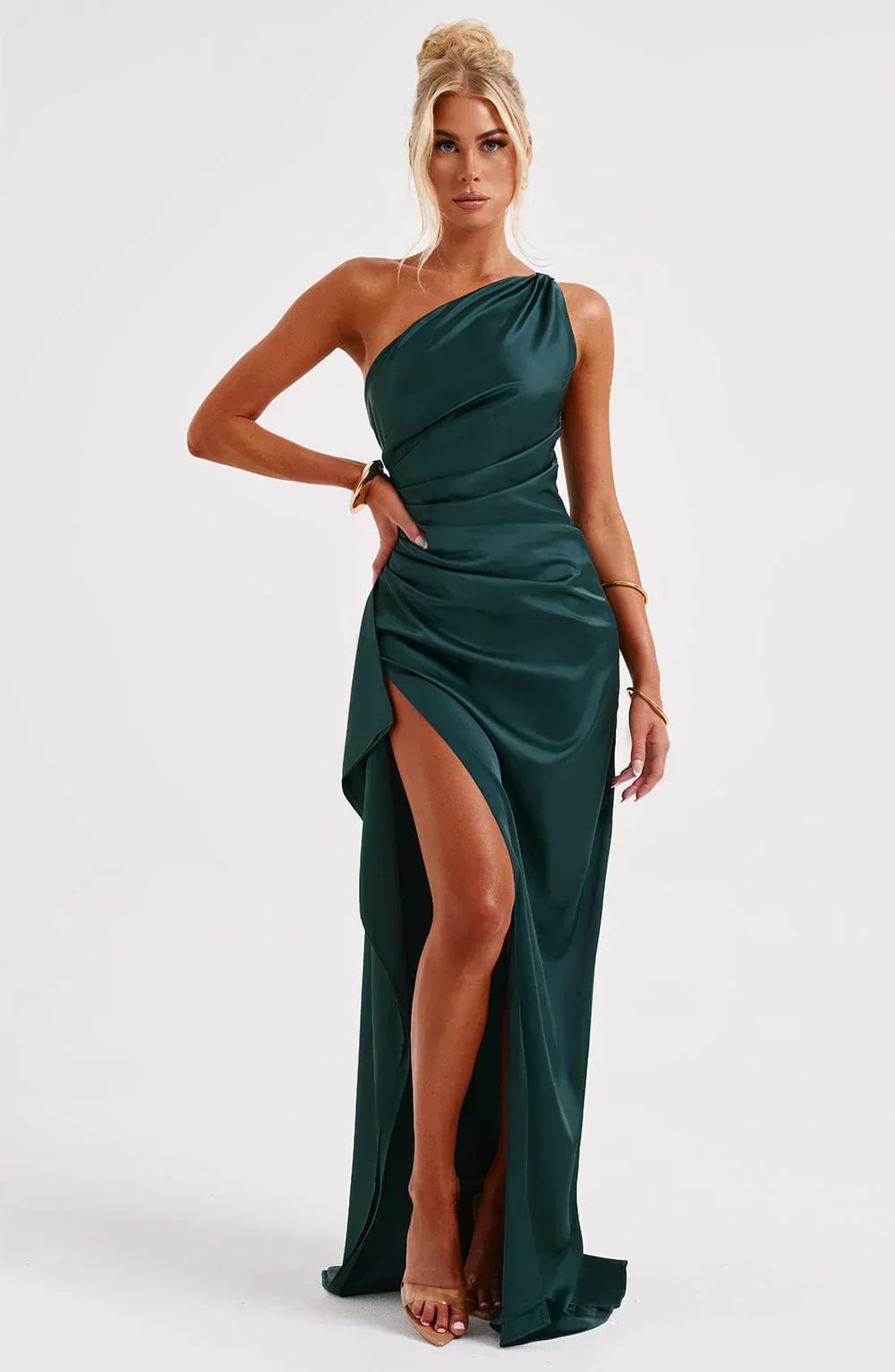 Eliana Off Shoulder Pleated Satin Dress