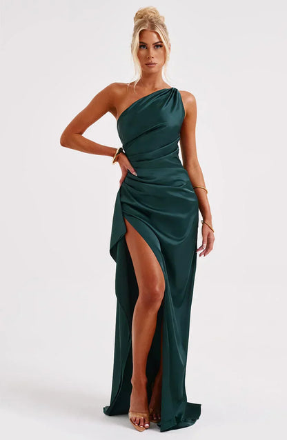 Eliana Off Shoulder Pleated Satin Dress