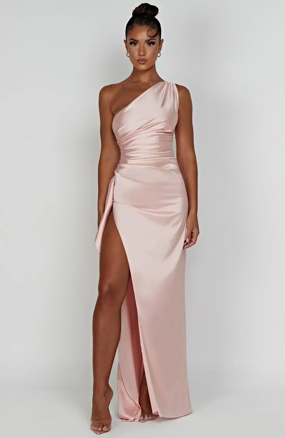 Eliana Off Shoulder Pleated Satin Dress