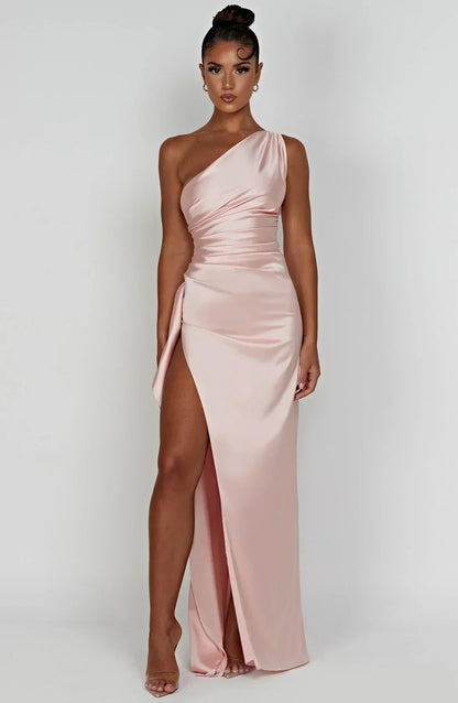 Eliana Off Shoulder Pleated Satin Dress