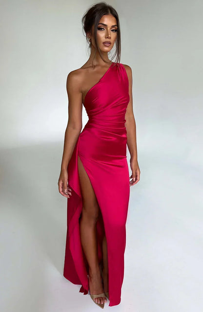 Eliana Off Shoulder Pleated Satin Dress