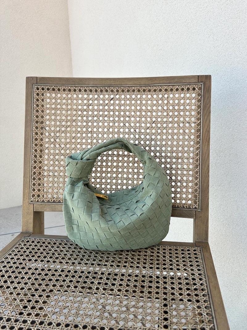 Elsa Mini Suede Bag Woven Knot Handbag with Gold Accents