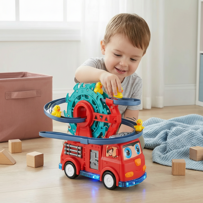 Rutschbahn-Spielzeug mit Feuerwehrauto und Enten, mit Licht, Geräuschen und drehbarer Bahn