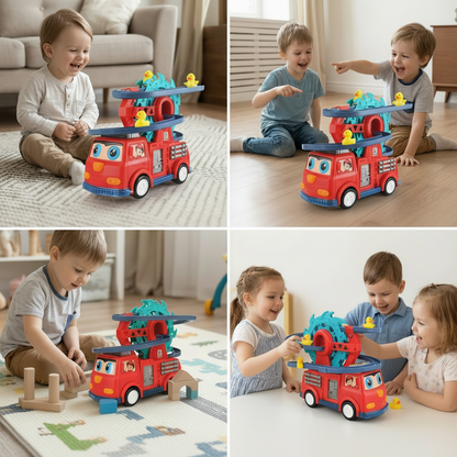 Rutschbahn-Spielzeug mit Feuerwehrauto und Enten, mit Licht, Geräuschen und drehbarer Bahn