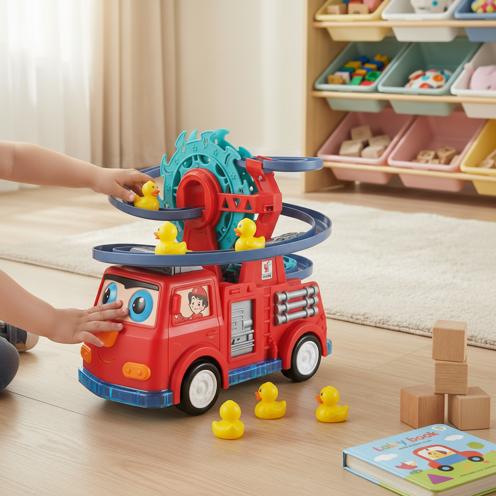 Rutschbahn-Spielzeug mit Feuerwehrauto und Enten, mit Licht, Geräuschen und drehbarer Bahn