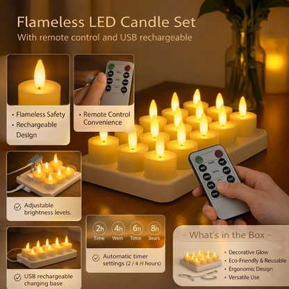 Flameless LED Candles Set USB Rechargeable Remote Timer Home Decor