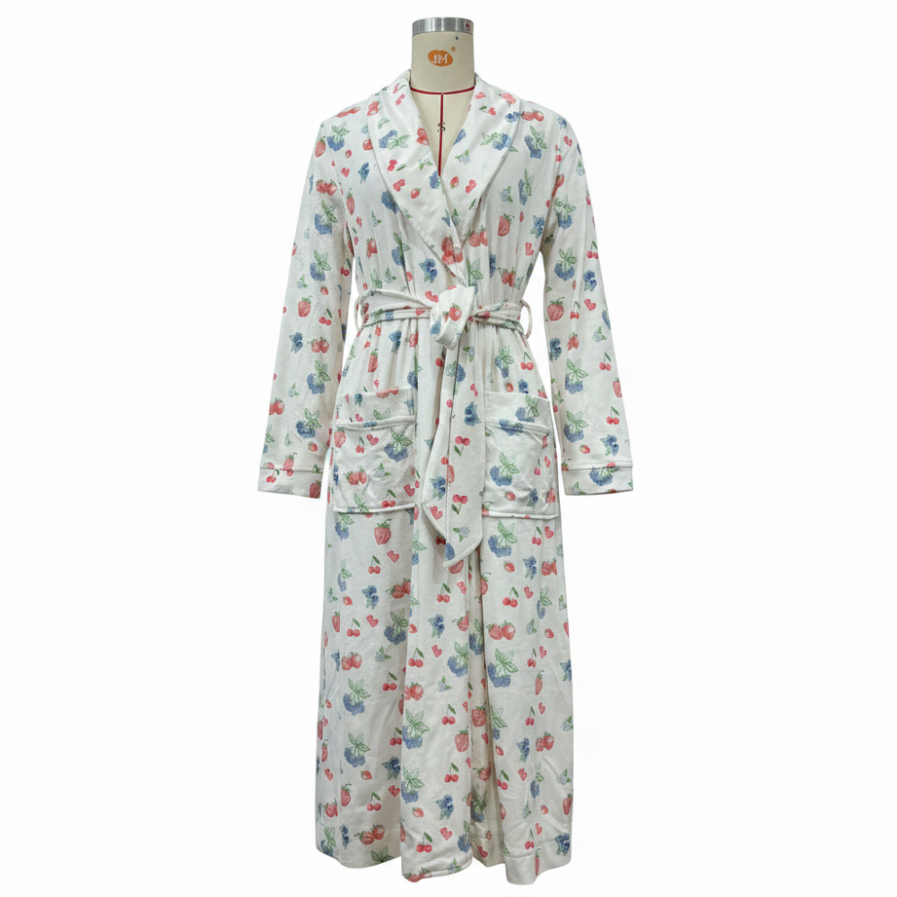 Flanellen badjas met bloemenmotief sjaalkraag ceintuur in de taille knusse loungejas