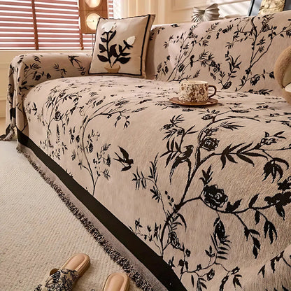 Floral Jacquard Chenille Sofa Cover with Tassel Trim