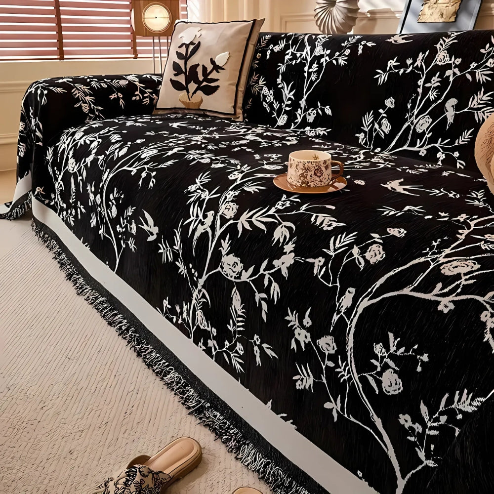 Floral Jacquard Chenille Sofa Cover with Tassel Trim