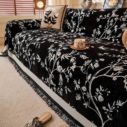 Floral Jacquard Chenille Sofa Cover with Tassel Trim