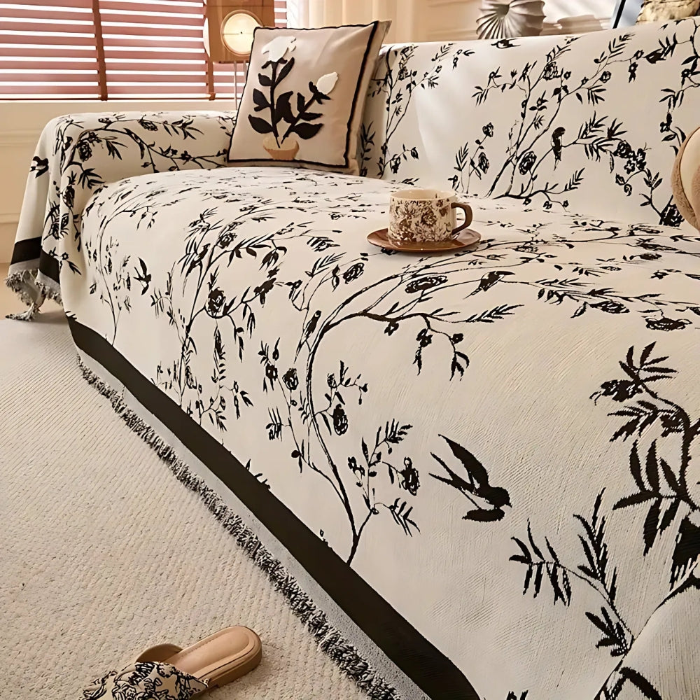 Floral Jacquard Chenille Sofa Cover with Tassel Trim