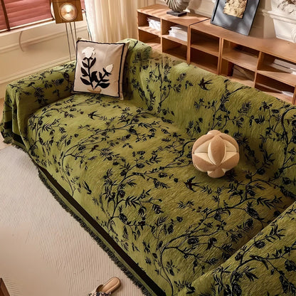 Floral Jacquard Chenille Sofa Cover with Tassel Trim