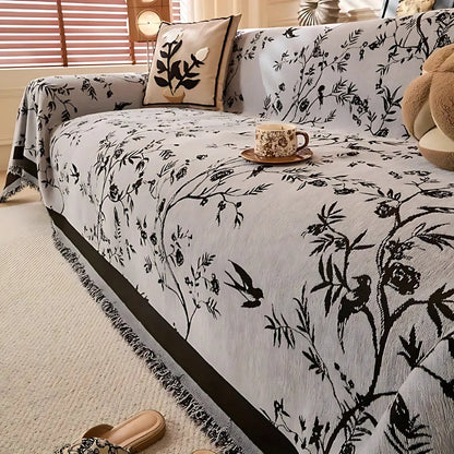 Floral Jacquard Chenille Sofa Cover with Tassel Trim