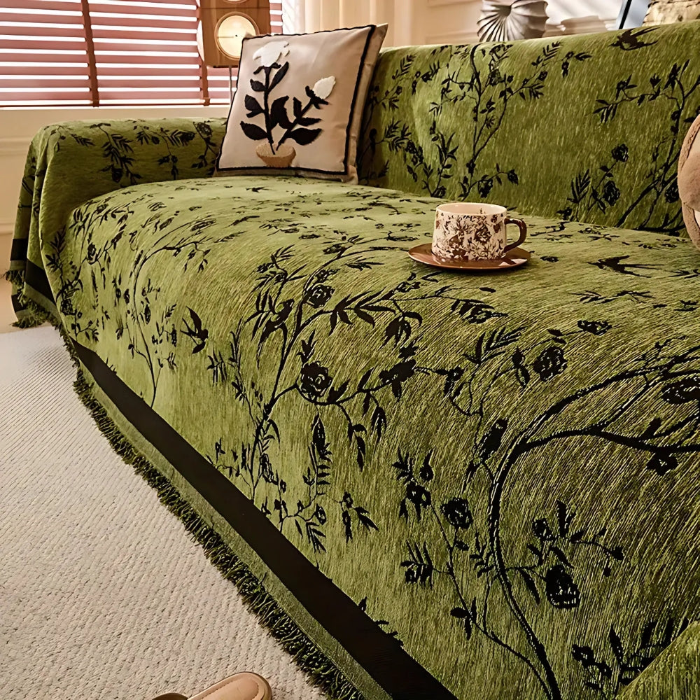 Floral Jacquard Chenille Sofa Cover with Tassel Trim
