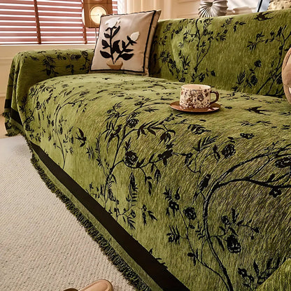 Floral Jacquard Chenille Sofa Cover with Tassel Trim