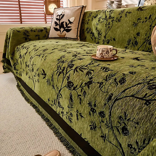 Floral Jacquard Chenille Sofa Cover with Tassel Trim