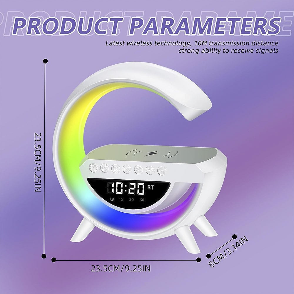 G-Shaped Wireless Charger with Bluetooth Speaker, RGB Light and Digital Clock
