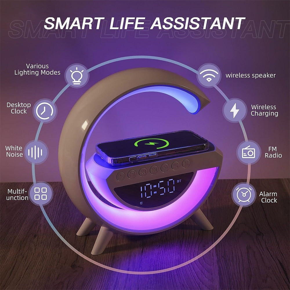 G-Shaped Wireless Charger with Bluetooth Speaker, RGB Light and Digital Clock