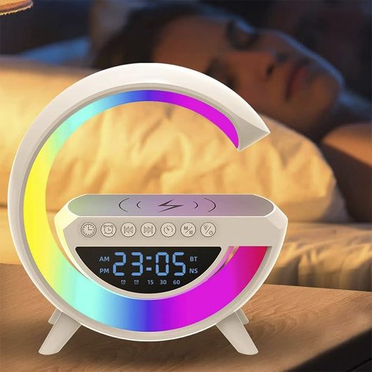 G-Shaped Wireless Charger with Bluetooth Speaker, RGB Light and Digital Clock