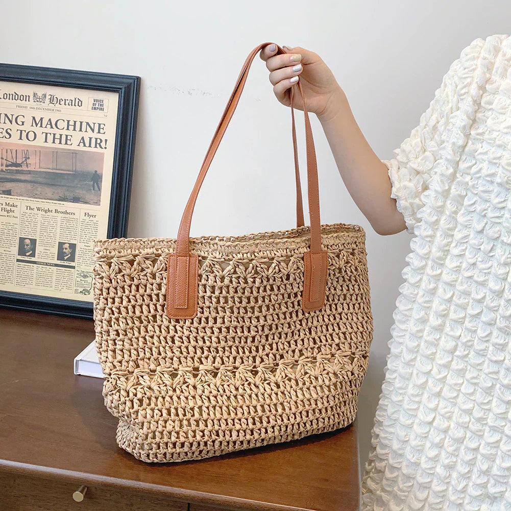 Genevieve Straw Tote Bag with Genuine Leather Straps