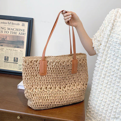 Genevieve Straw Tote Bag with Genuine Leather Straps
