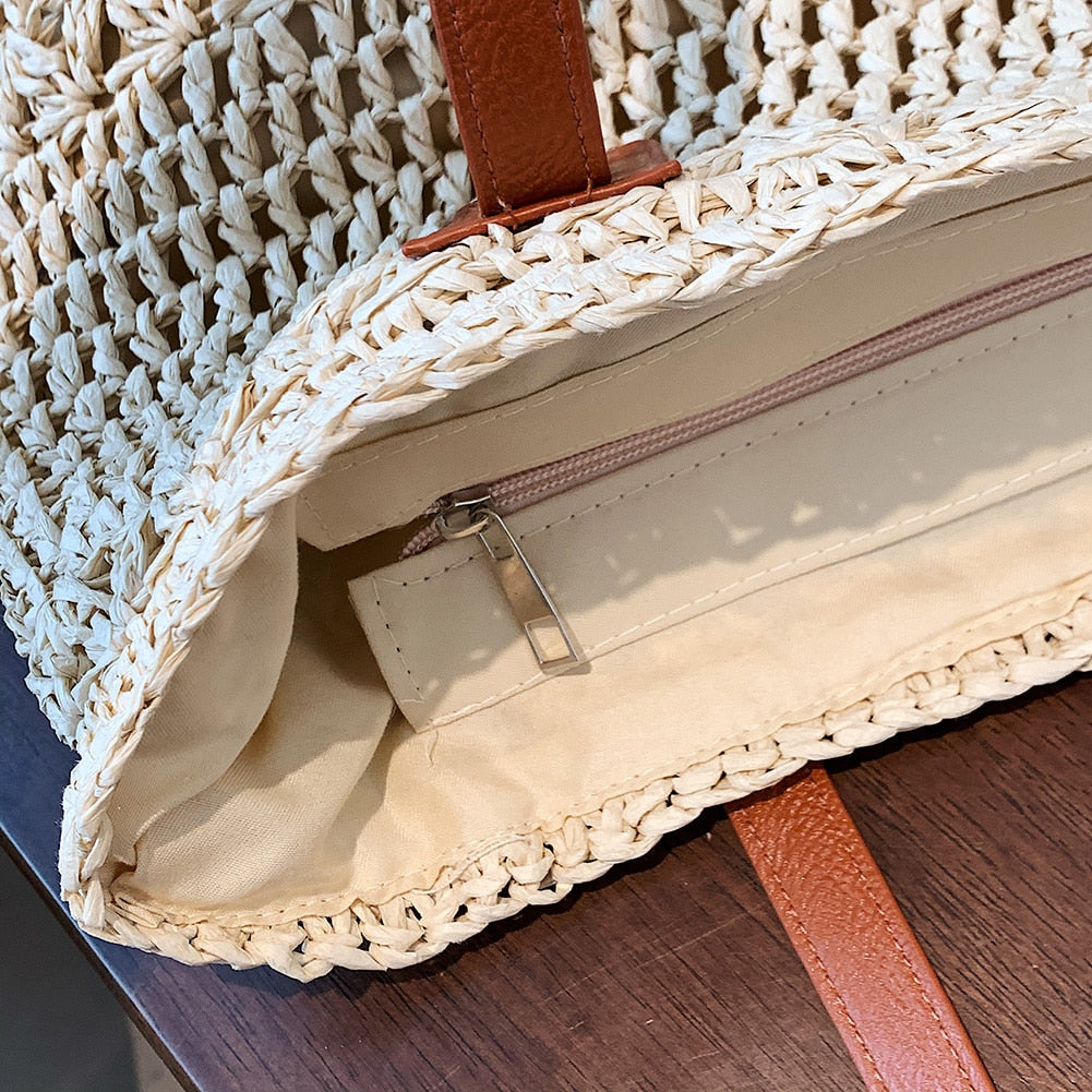 Genevieve Straw Tote Bag with Genuine Leather Straps