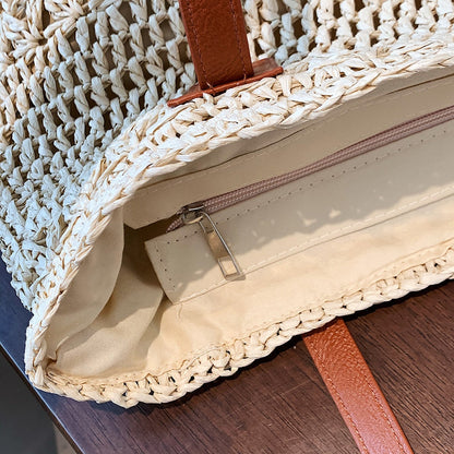 Genevieve Straw Tote Bag with Genuine Leather Straps