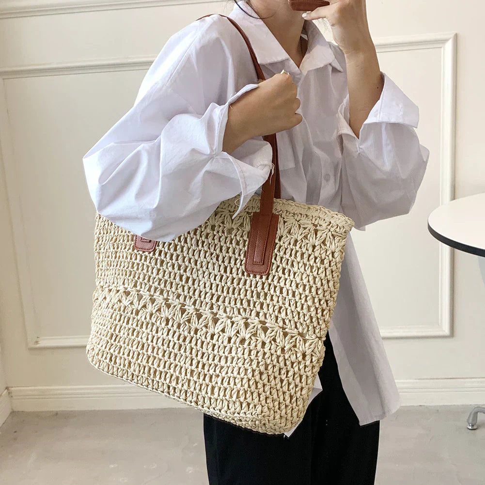 Genevieve Straw Tote Bag with Genuine Leather Straps