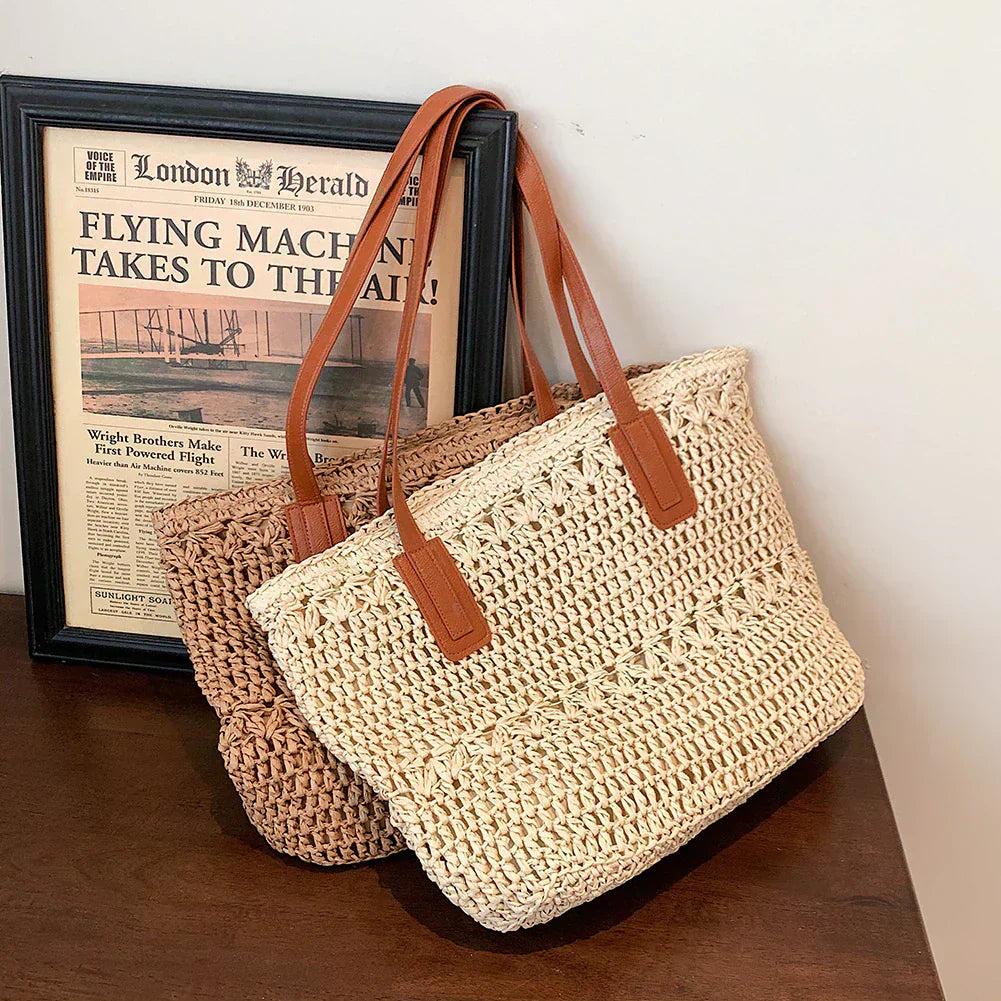 Genevieve Straw Tote Bag with Genuine Leather Straps