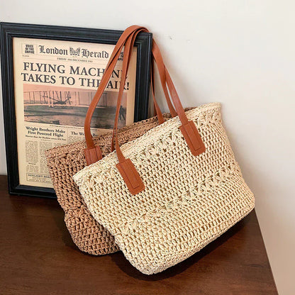 Genevieve Straw Tote Bag with Genuine Leather Straps