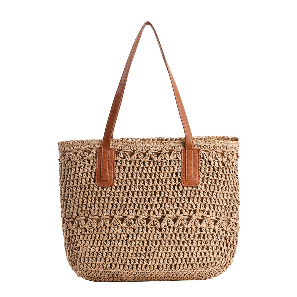 Genevieve Straw Tote Bag with Genuine Leather Straps