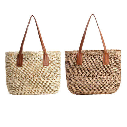 Genevieve Straw Tote Bag with Genuine Leather Straps