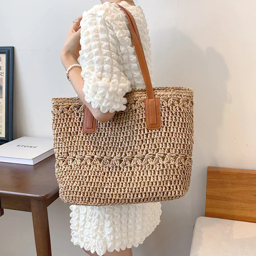 Genevieve Straw Tote Bag with Genuine Leather Straps