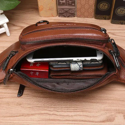 Genuine Cowhide Leather Waist Bag for Men Large Capacity Travel Crossbody Bag