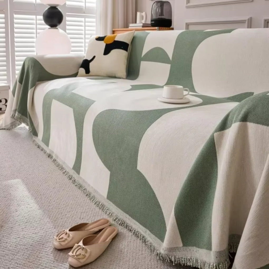 Geometric Chenille Sofa Cover with Tassel Edges