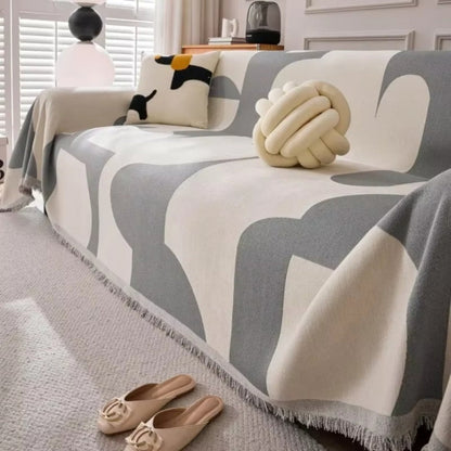 Geometric Chenille Sofa Cover with Tassel Edges