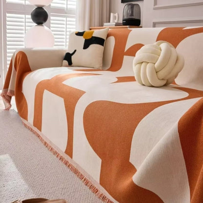 Geometric Chenille Sofa Cover with Tassel Edges