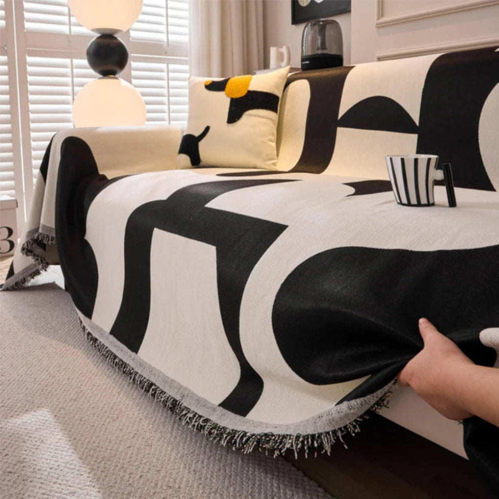 Geometric Chenille Sofa Cover with Tassel Edges