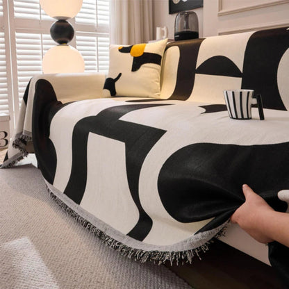 Geometric Chenille Sofa Cover with Tassel Edges