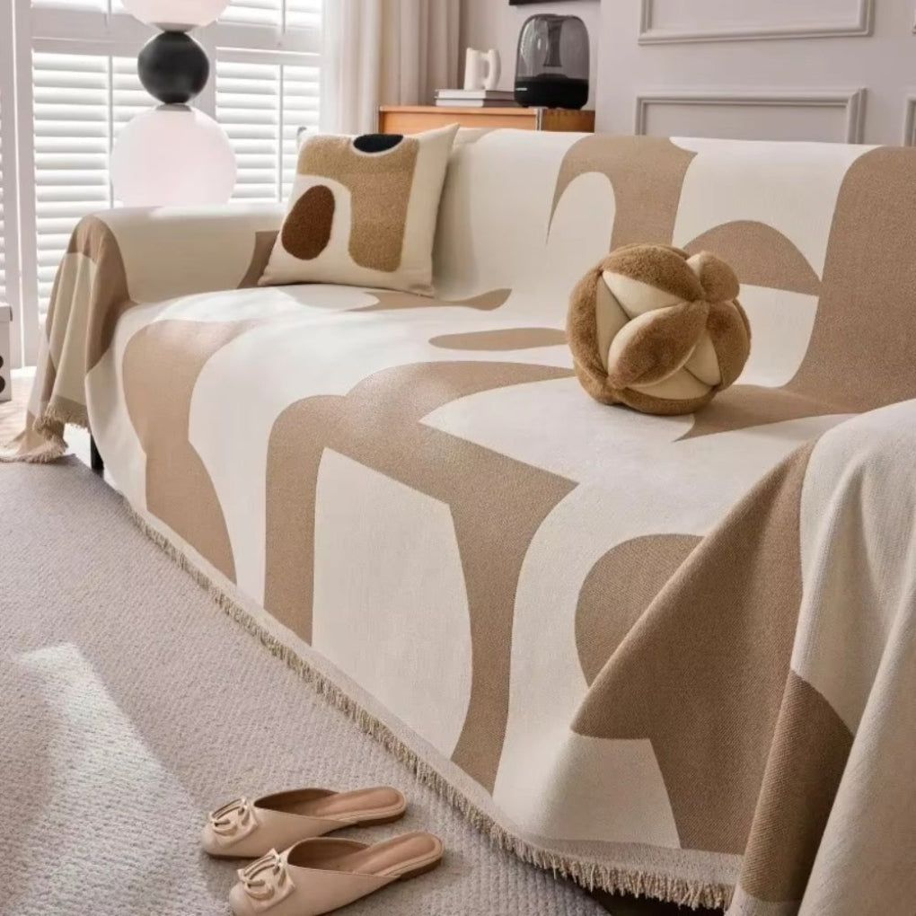 Geometric Chenille Sofa Cover with Tassel Edges