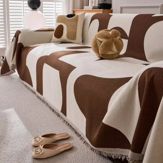 Geometric Chenille Sofa Cover with Tassel Edges