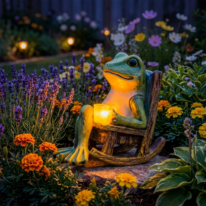 Glowing Garden Frog in Rocking Chair with Warm Amber LED Light