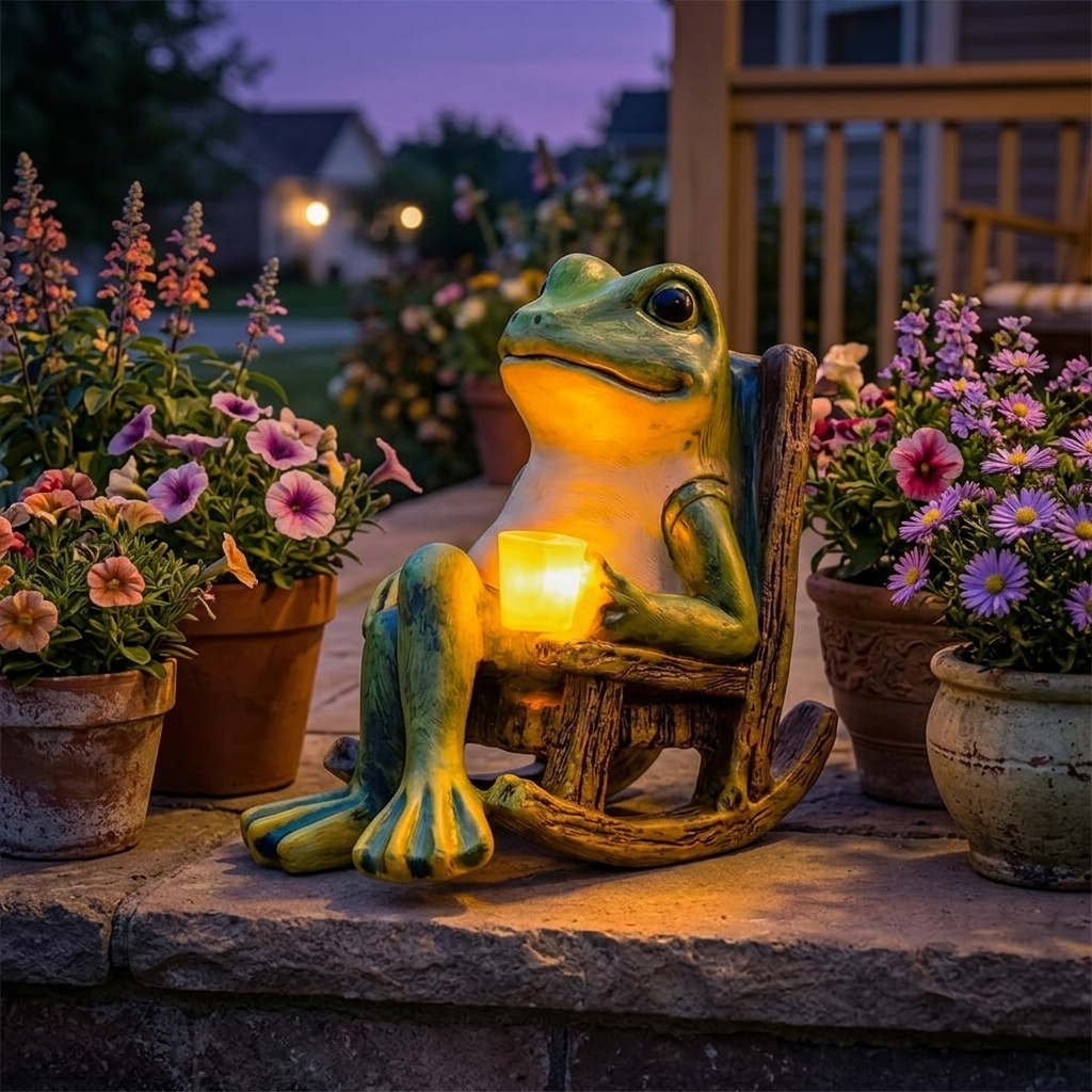 Glowing Garden Frog in Rocking Chair with Warm Amber LED Light