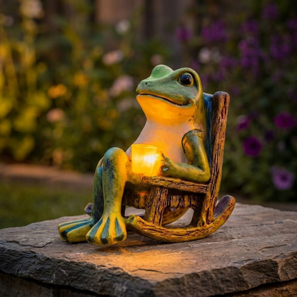 Glowing Garden Frog in Rocking Chair with Warm Amber LED Light